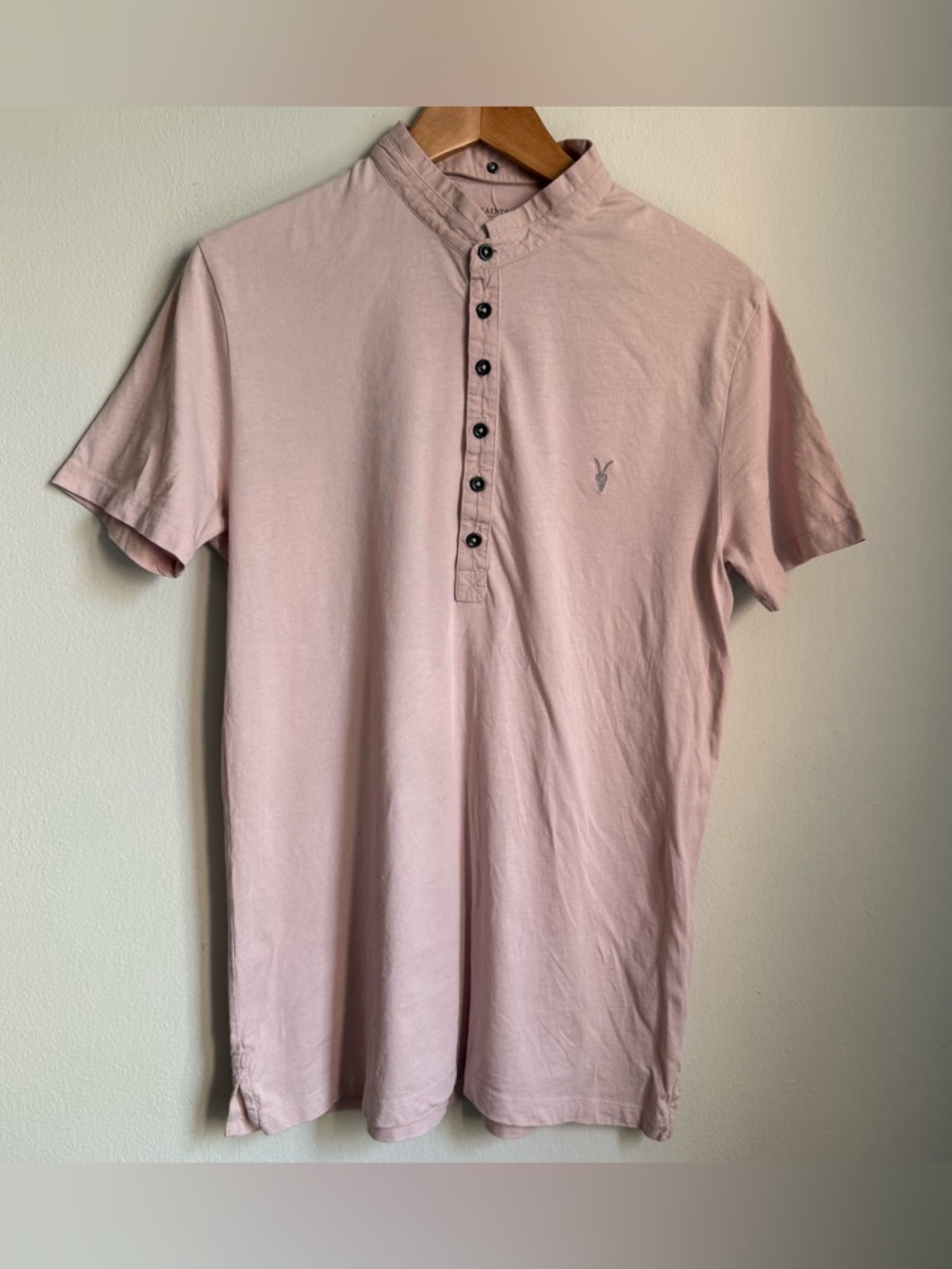 AllSaints  Henley Polo Shirt Size M Men's Light Pink 100% Cotton Short Sleeve